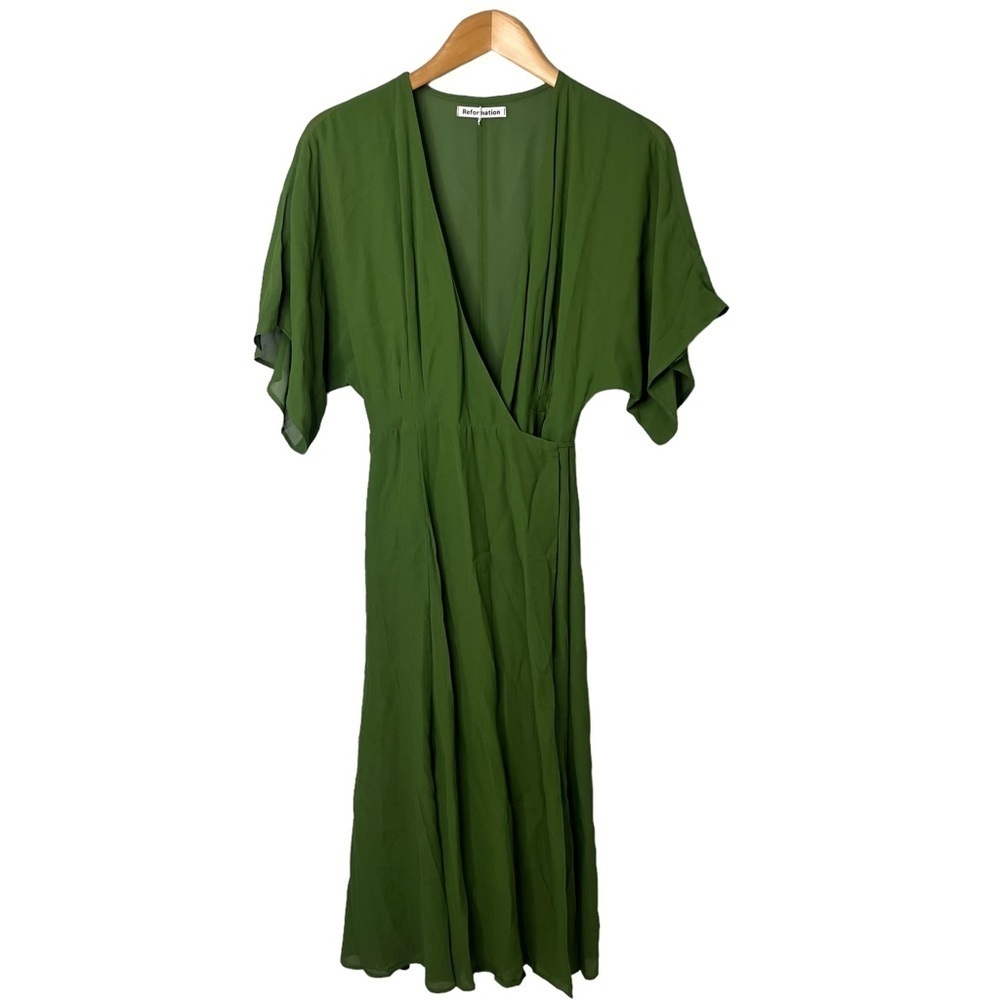 Reformation Karen Wrap Dress Moss Size Small Leg Slit Milkmaid Dress - Picture 4 of 11